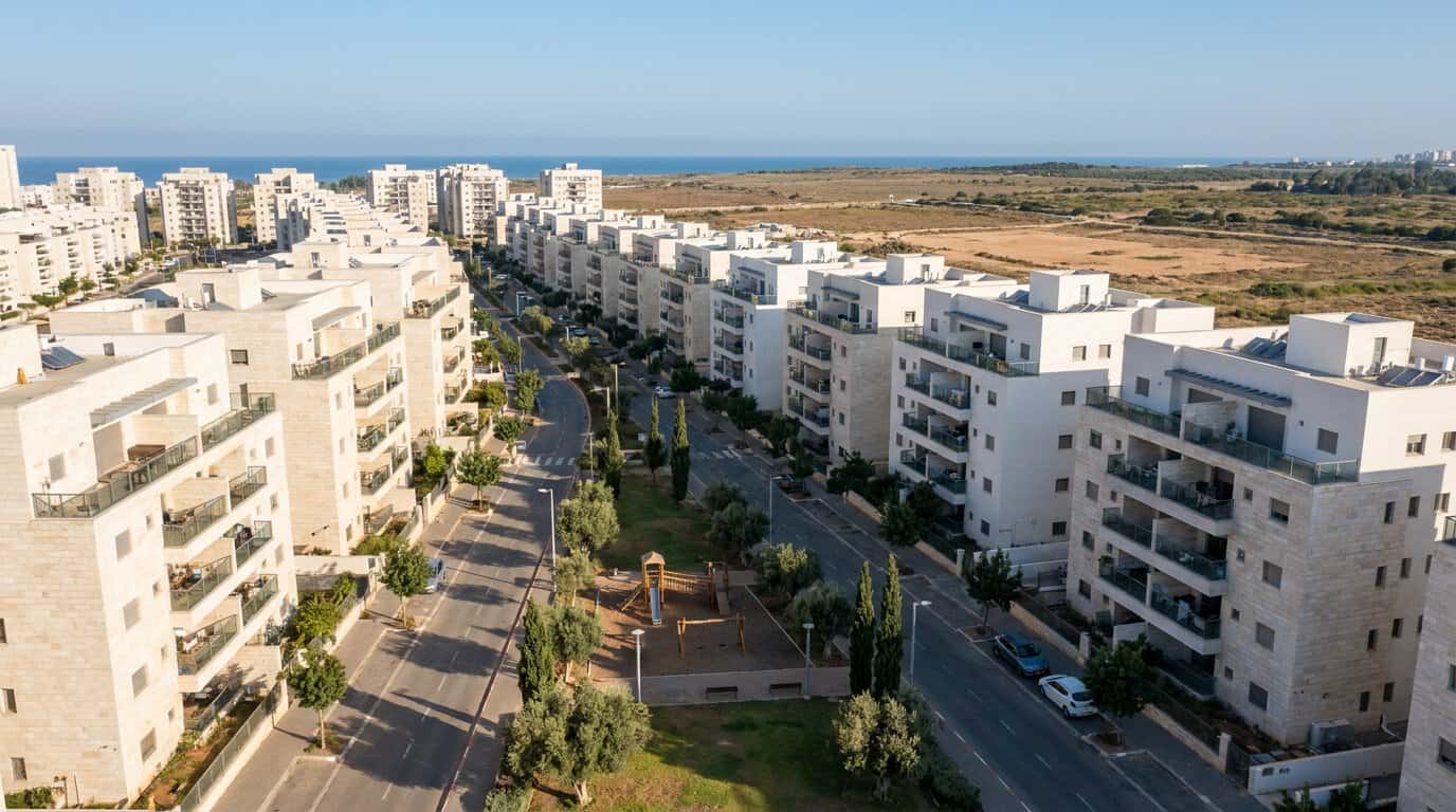 מבט מלמעלה על שכונת מגורים חדשה בעיר חוף בישראל עם בנייני אבן בהירים ורחובות מטופחים