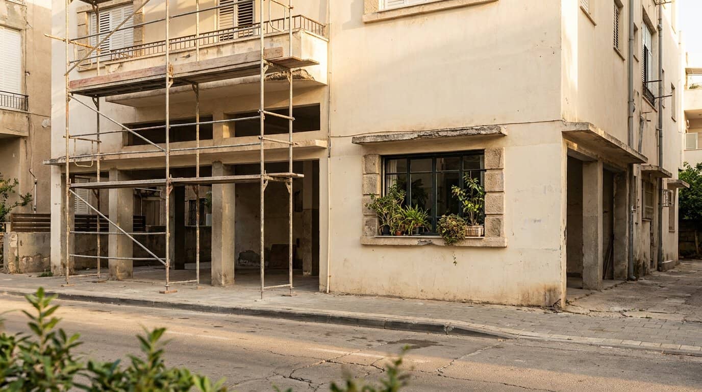 בניין תל אביבי ותיק בן שלוש קומות מעל קומת עמודים עם חלון בקומת הקרקע ופיגומי שיפוץ