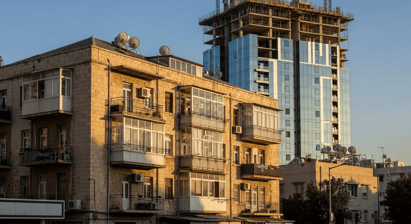 בניין מגורים ותיק עם מגדל חדש בבנייה מאחוריו
