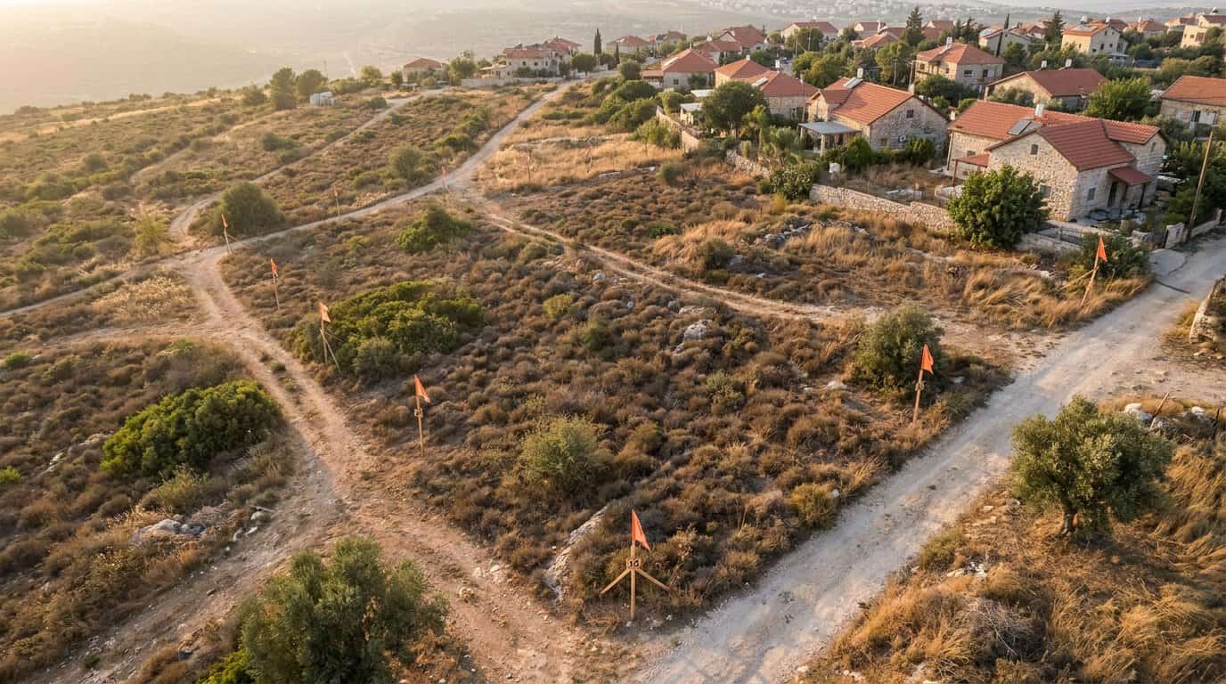 מבט מגובה על מגרשים וחלקות קרקע בשולי יישוב ישראלי בשעת שקיעה עם יתדות מדידה