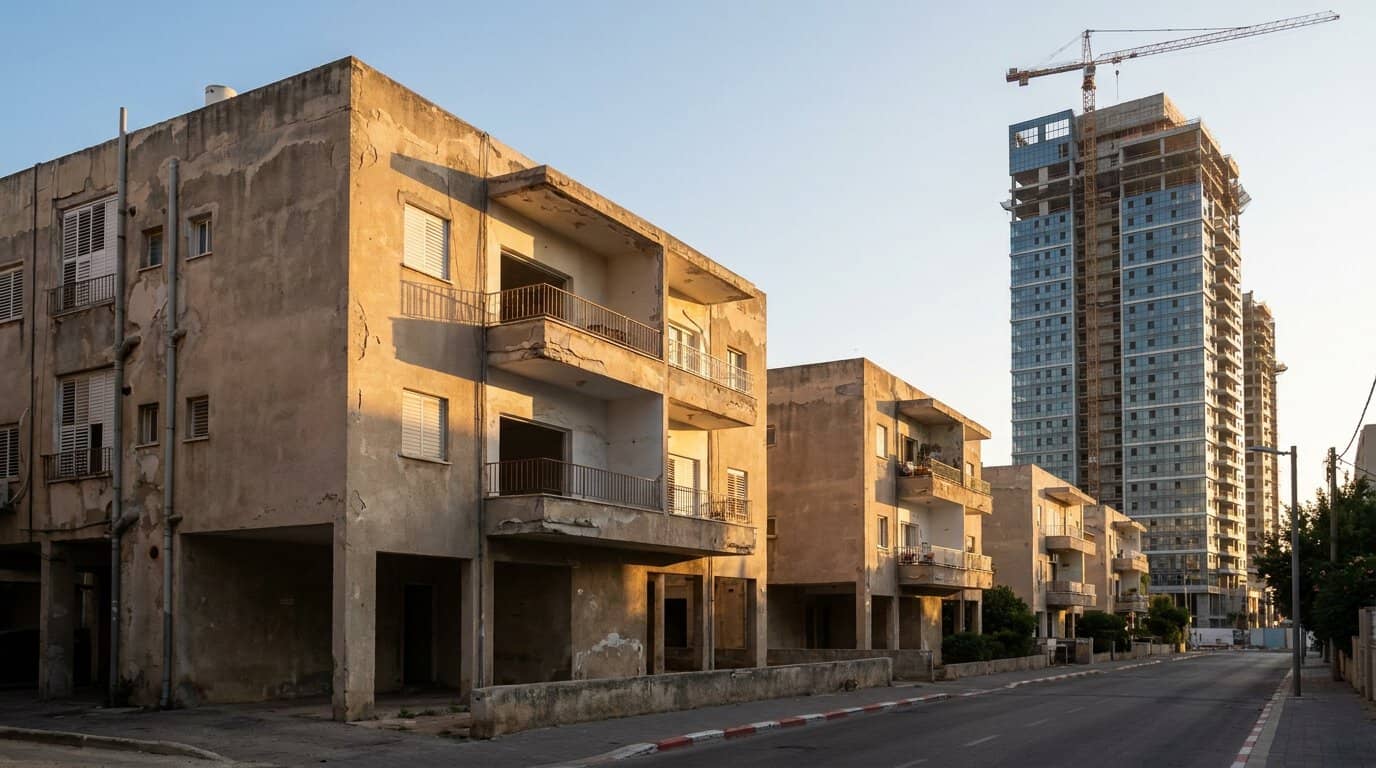 בנייני מגורים ותיקים על עמודים ברחוב בתל אביב ומגדל דירות חדש בבנייה עם מנוף מאחוריהם, להמחשת הפער בין דירות חדשות ליד שנייה