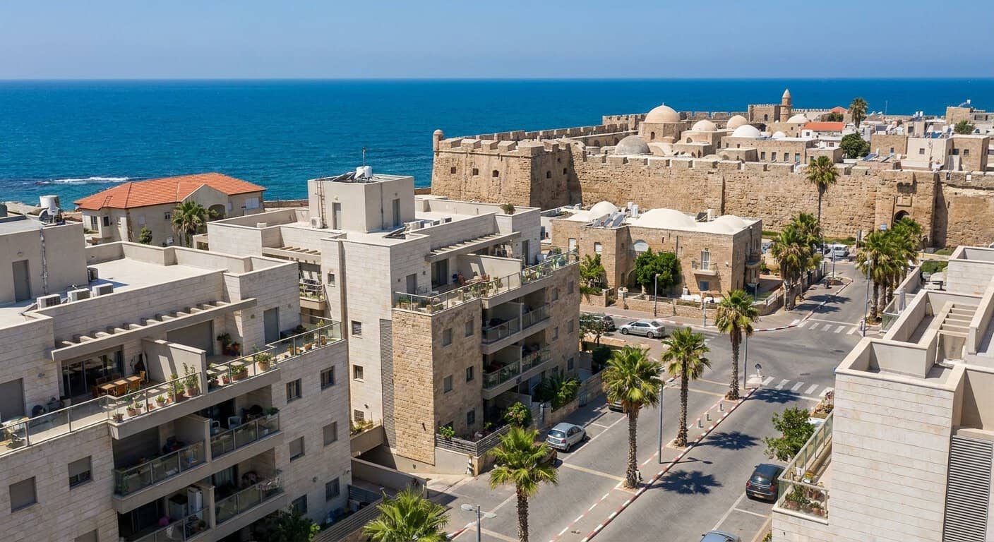 בנייני מגורים חדשים בשכונה בעכו, ובמרחק חומות העיר העתיקה והים באור יום