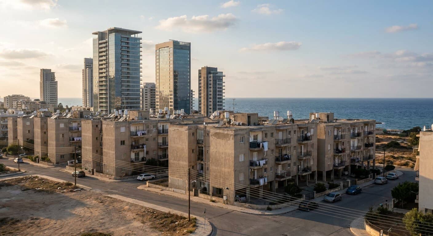 שכונת מגורים בבת ים עם בנייני שיכון ותיקים בני ארבע קומות ומגדלי מגורים חדשים ברקע, סמוך לחוף הים