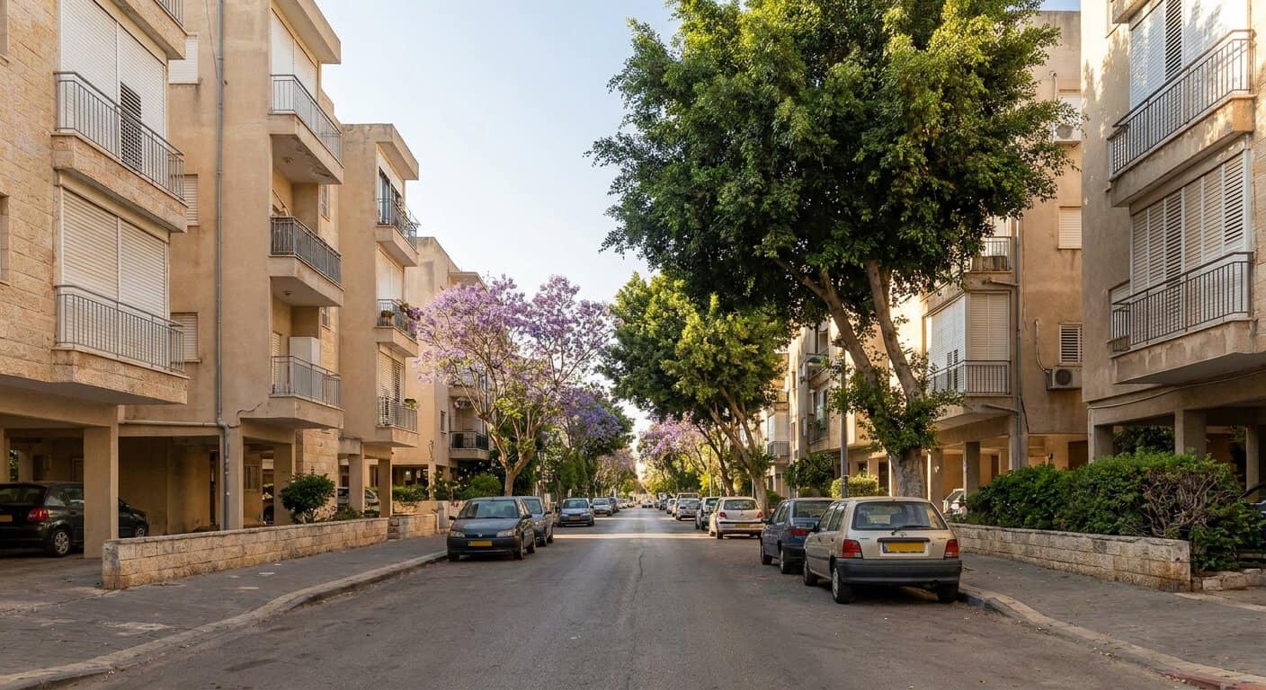 רחוב מגורים עם בנייני דירות בעיר במרכז הארץ באור בוקר