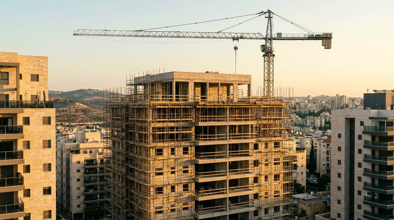 בניין מגורים חדש בשלבי בנייה עם פיגומים ועגורן, באור אחר הצהריים