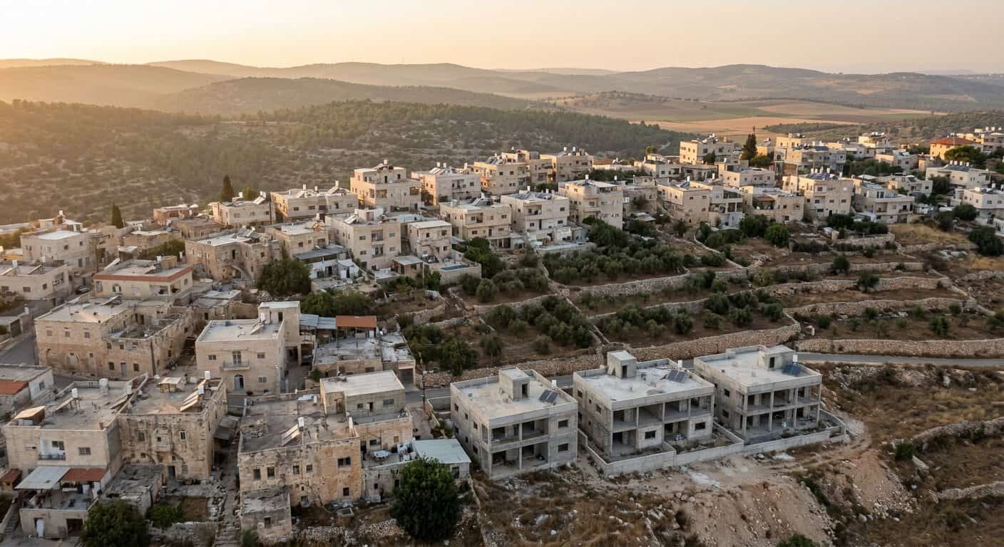 מבט על כפר דרוזי בנוי במדרון בגליל המערבי, בתי אבן ומטעי זיתים במדרגות