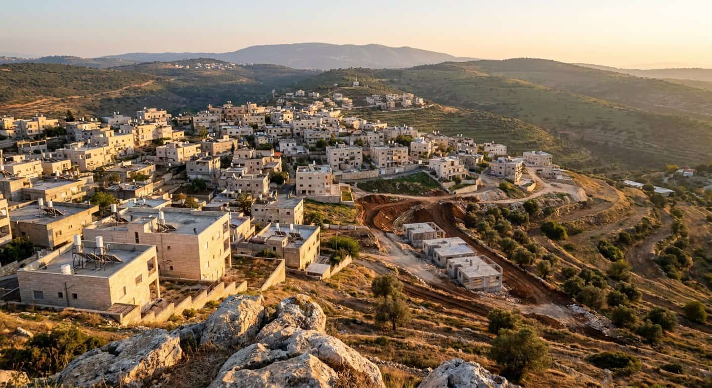 מבט על יישוב דרוזי במדרונות הגליל התחתון, בתים נמוכים ובנייה חדשה בשולי היישוב, אילוסטרציה