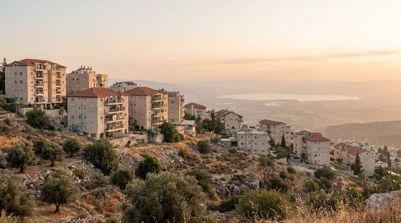 מדרון בשולי צפת עם בנייני מגורים ונוף לכנרת, אילוסטרציה