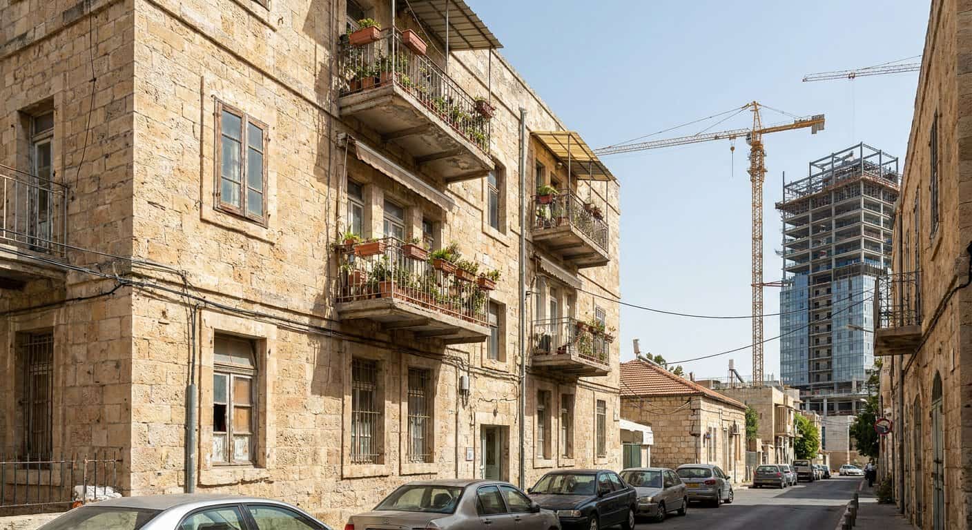 בניין מגורים ותיק בירושלים על רקע בנייה חדשה, הממחיש פרויקט התחדשות עירונית בשכונת שמואל הנביא
