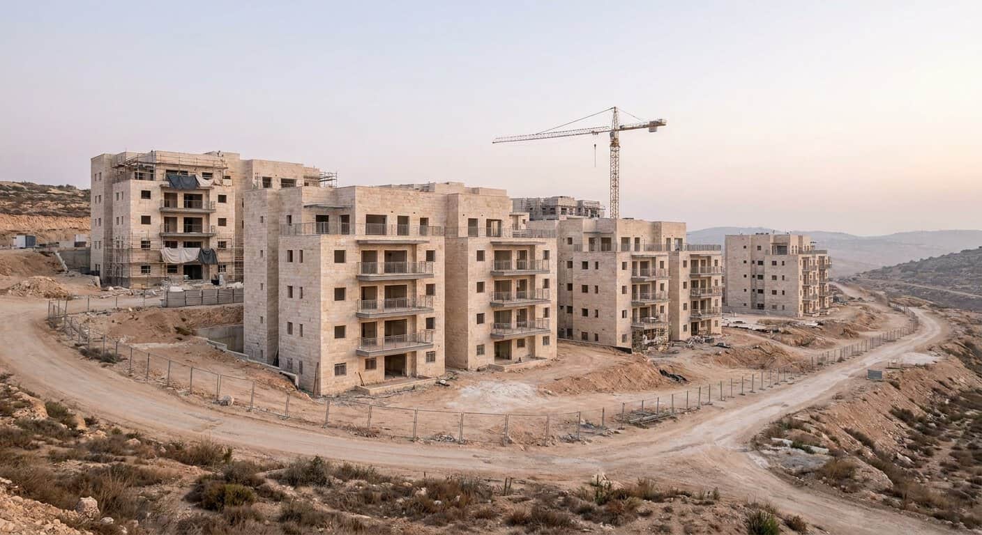 בנייני מגורים בשלבי גמר בשכונה חדשה על מדרון