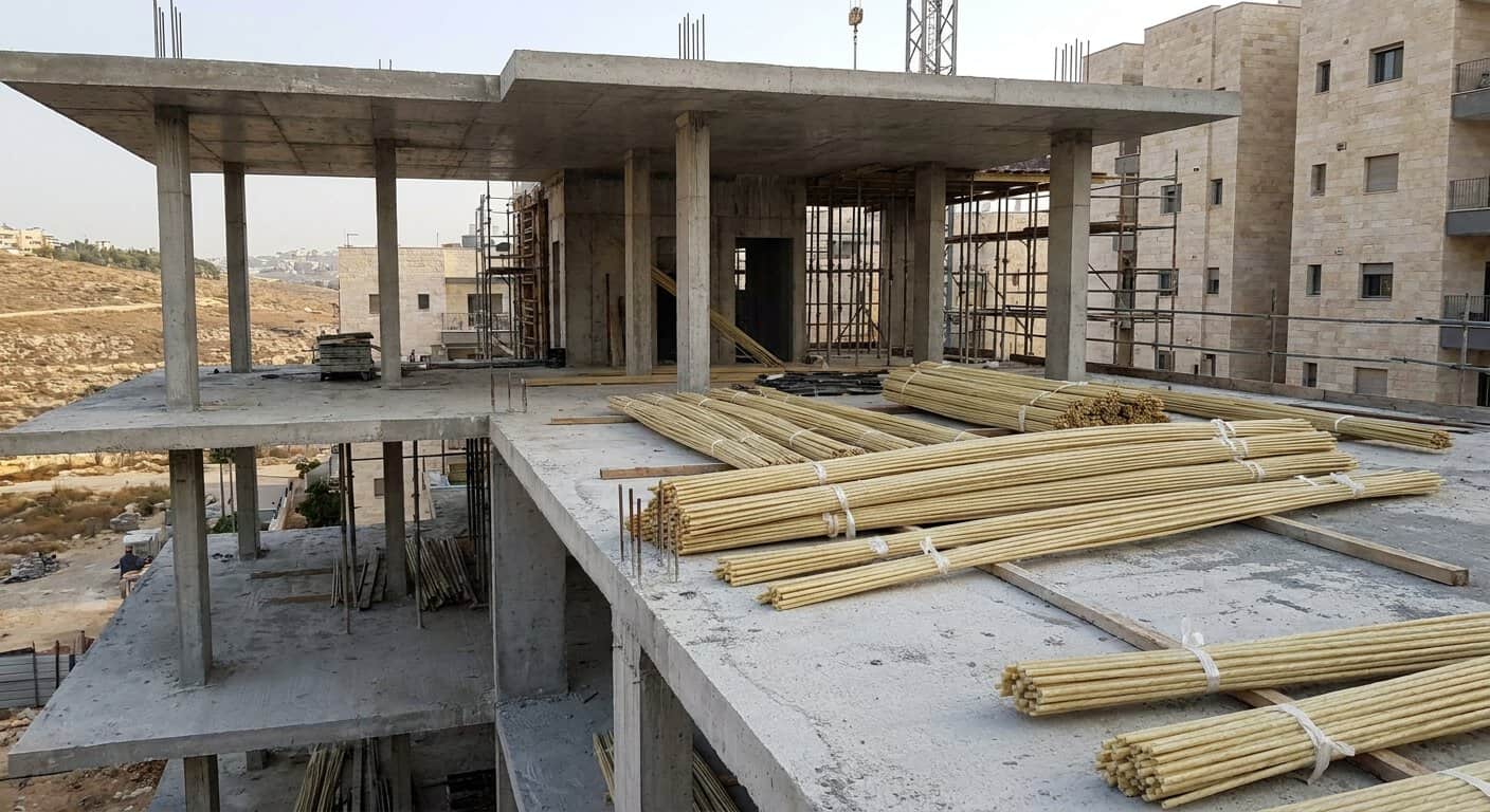 שלד של בניין מגורים בבנייה עם מוטות זיון מסיבי זכוכית