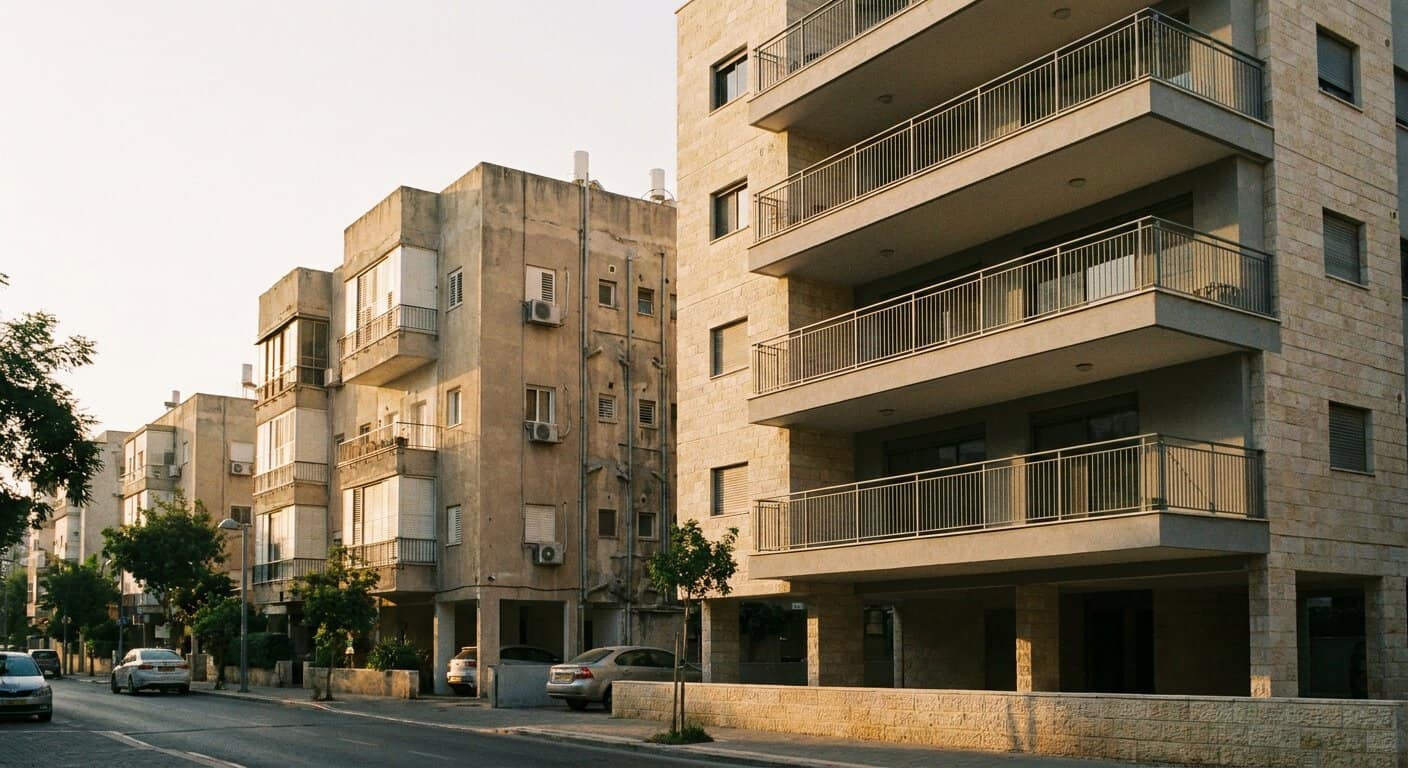 שני בנייני מגורים סמוכים בעיר בישראל, עם מרפסות בגדלים שונים