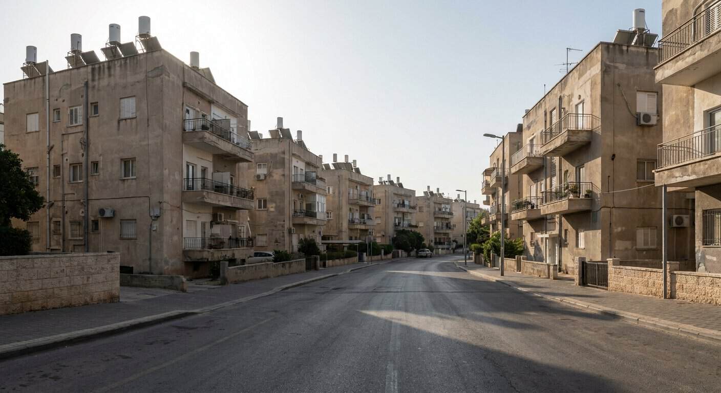רחוב מגורים בעיר בישראל עם בנייני דירות ומרפסות באור בוקר
