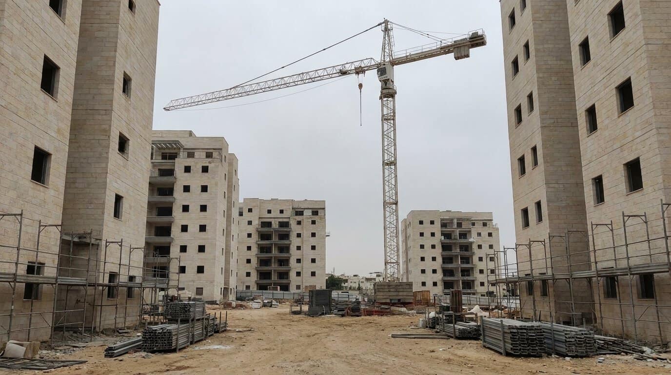 בניינים בבנייה בשכונת מגורים בירושלים עם עגורן
