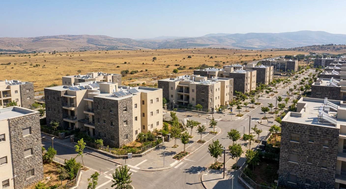 שכונת מגורים חדשה בקצרין עם בנייני מגורים נמוכים מאבן בזלת, ומישורי רמת הגולן ברקע באור יום