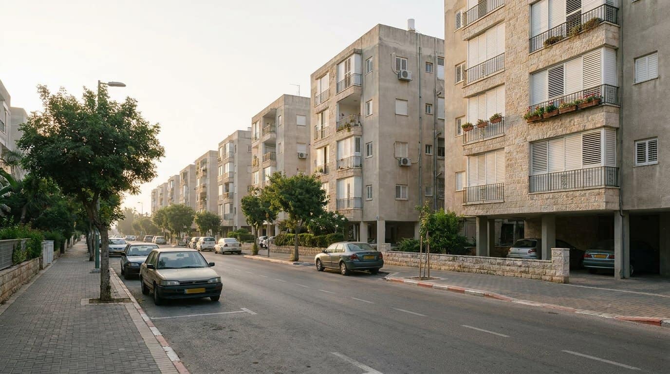 רחוב מגורים עם שורת בנייני דירות בני כמה קומות, מצולם באור בוקר