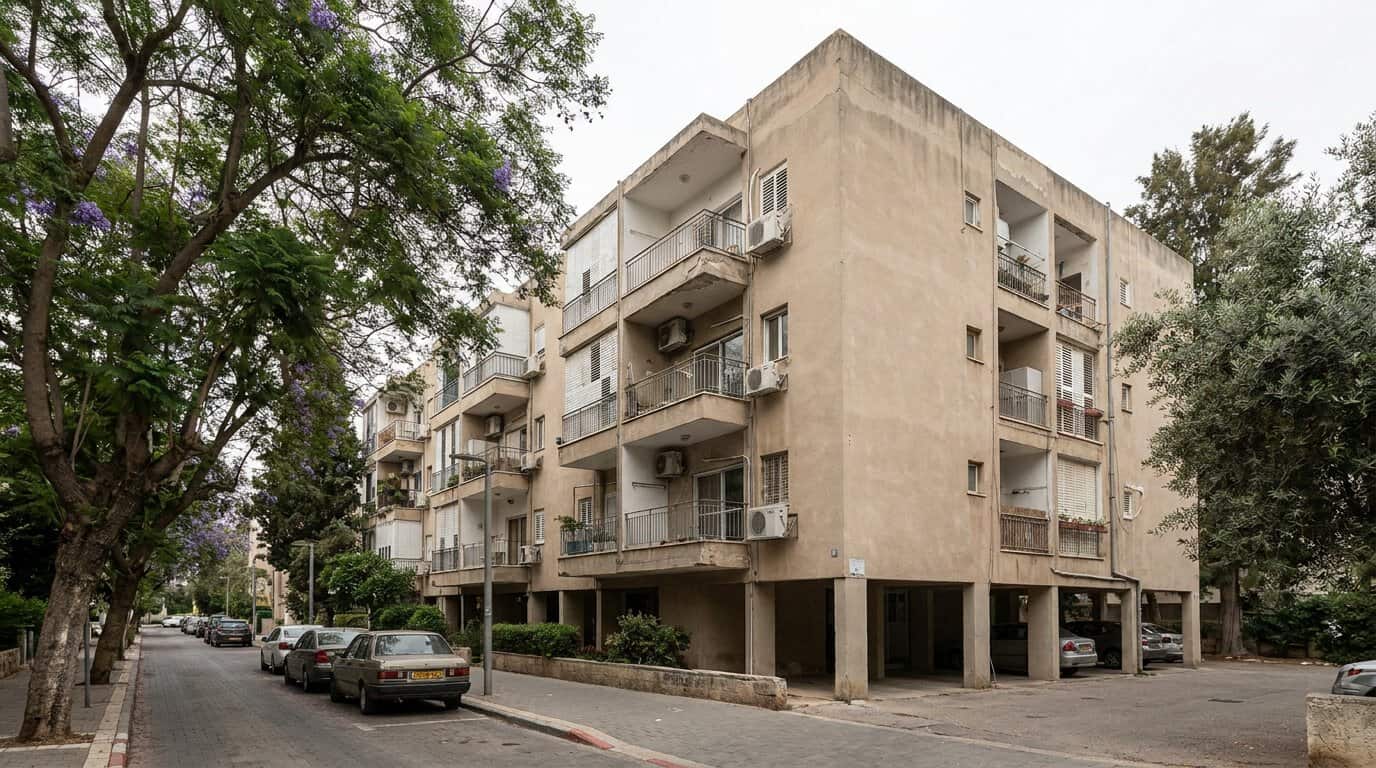 בניין מגורים ותיק בן ארבע קומות עם מרפסות, עצים ומדרכה, באור בוקר