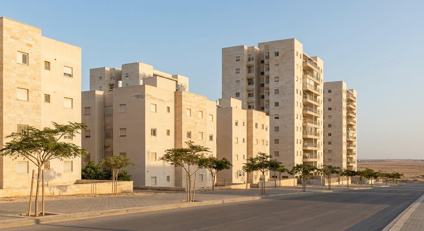 בנייני מגורים בגבהים שונים בעיר בנגב המערבי, עם מרפסות וחלונות בקומות שונות