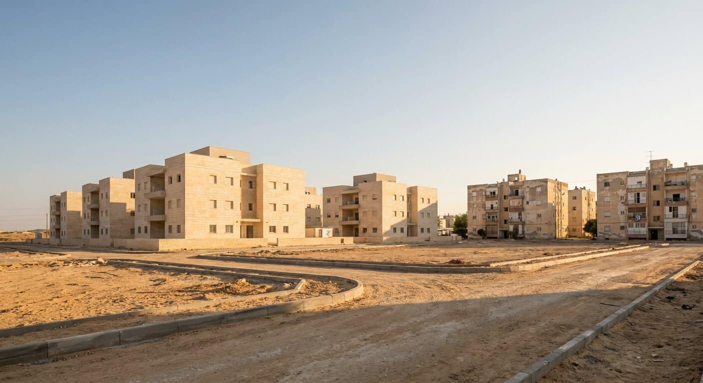 בנייני מגורים חדשים בקצה שכונה בעיר בנגב המערבי, ומאחוריהם בנייה ותיקה יותר