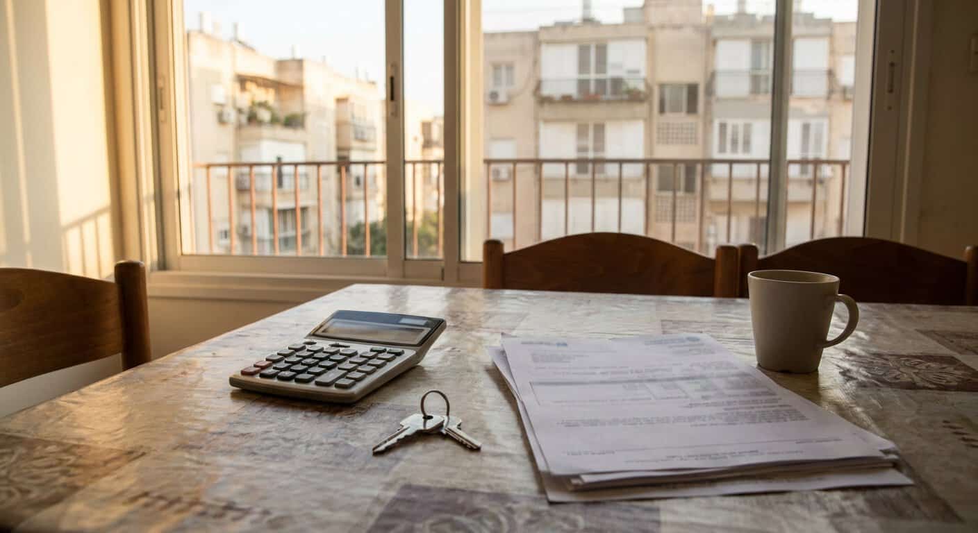 מחשבון, מפתח ומסמכי הלוואה על שולחן בדירה