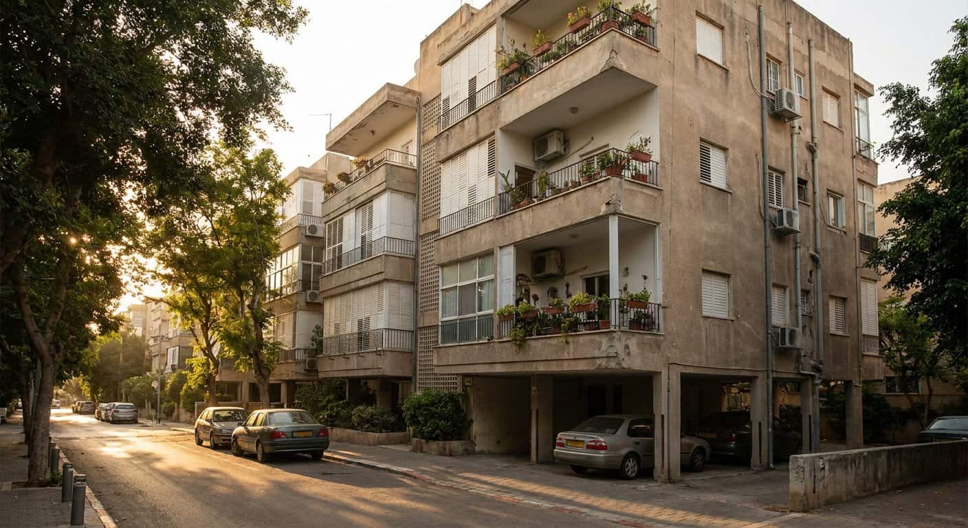 בניין מגורים בן כמה קומות עם מרפסות, מצולם באור אחר הצהריים