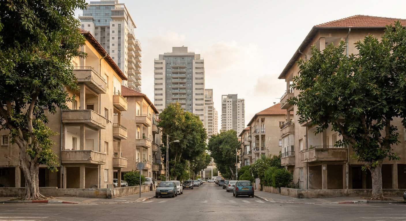 רחוב מגורים ברמת גן עם בנייני דירות ותיקים לצד מגדלי מגורים חדשים
