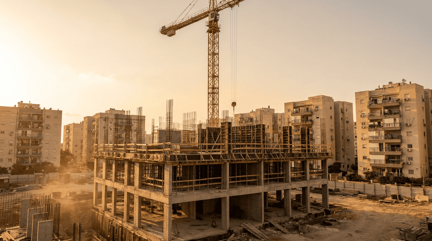אתר בנייה של פרויקט מגורים בשלב שלד עם עגורן, מבנים סמוכים מאוכלסים ברקע, אור אחר צהריים