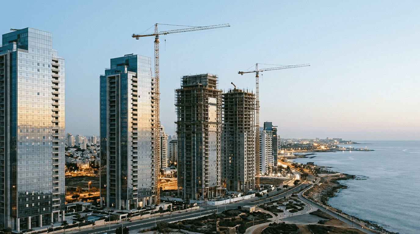 שורת מגדלי מגורים חדשים ליד קו החוף בשעת בין ערביים, חלק מהם עדיין בבנייה עם עגורנים, ים ברקע