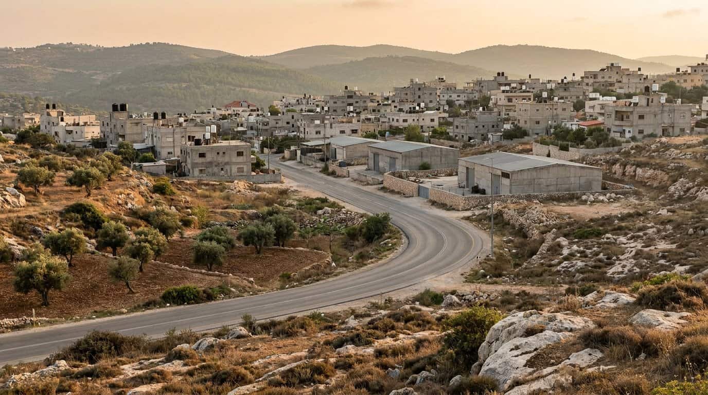 מבט על הכניסה הדרומית לטמרה: שטחים פתוחים ומבני מלאכה לצד מדרון מגורים בנוי, אזור תכנית מתחם 6 ביר א-טירה