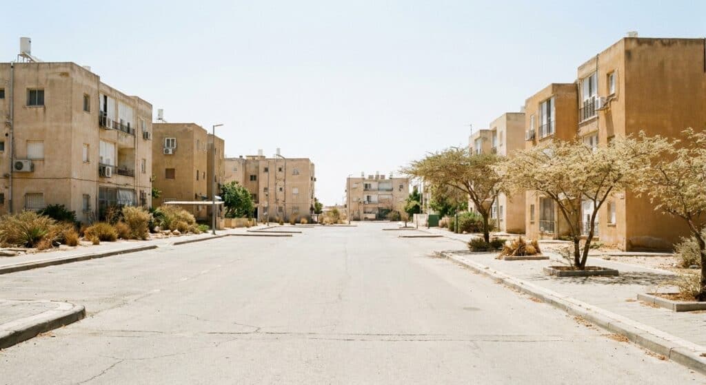 רחוב מגורים שקט עם בנייני דירות נמוכים בעיר בנגב המערבי באור יום בהיר