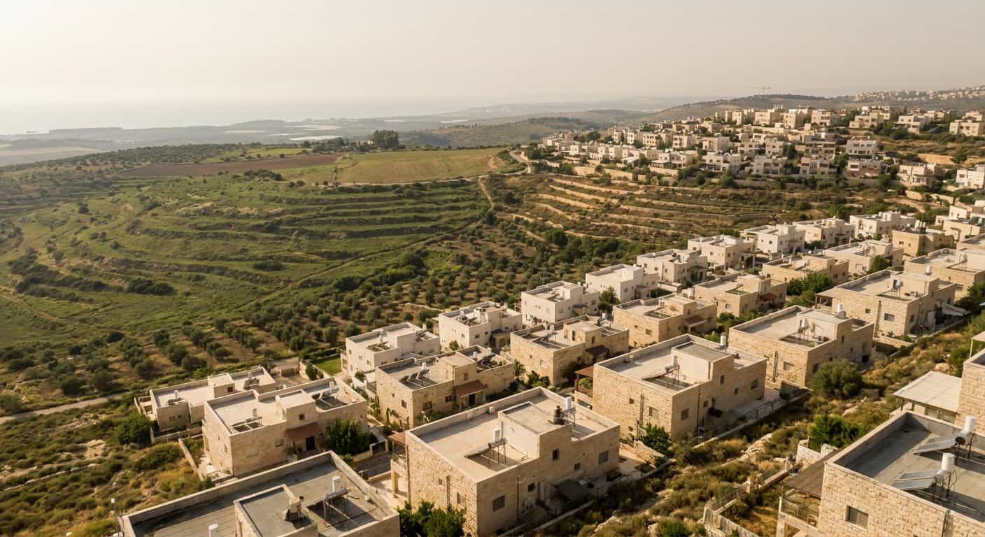 מבט אווירי על ירכא: בתי היישוב הצפופים על הגבעות, ובקצה המערבי מדרון חקלאי פתוח שבו מתוכננת השכונה החדשה. אילוסטרציה
