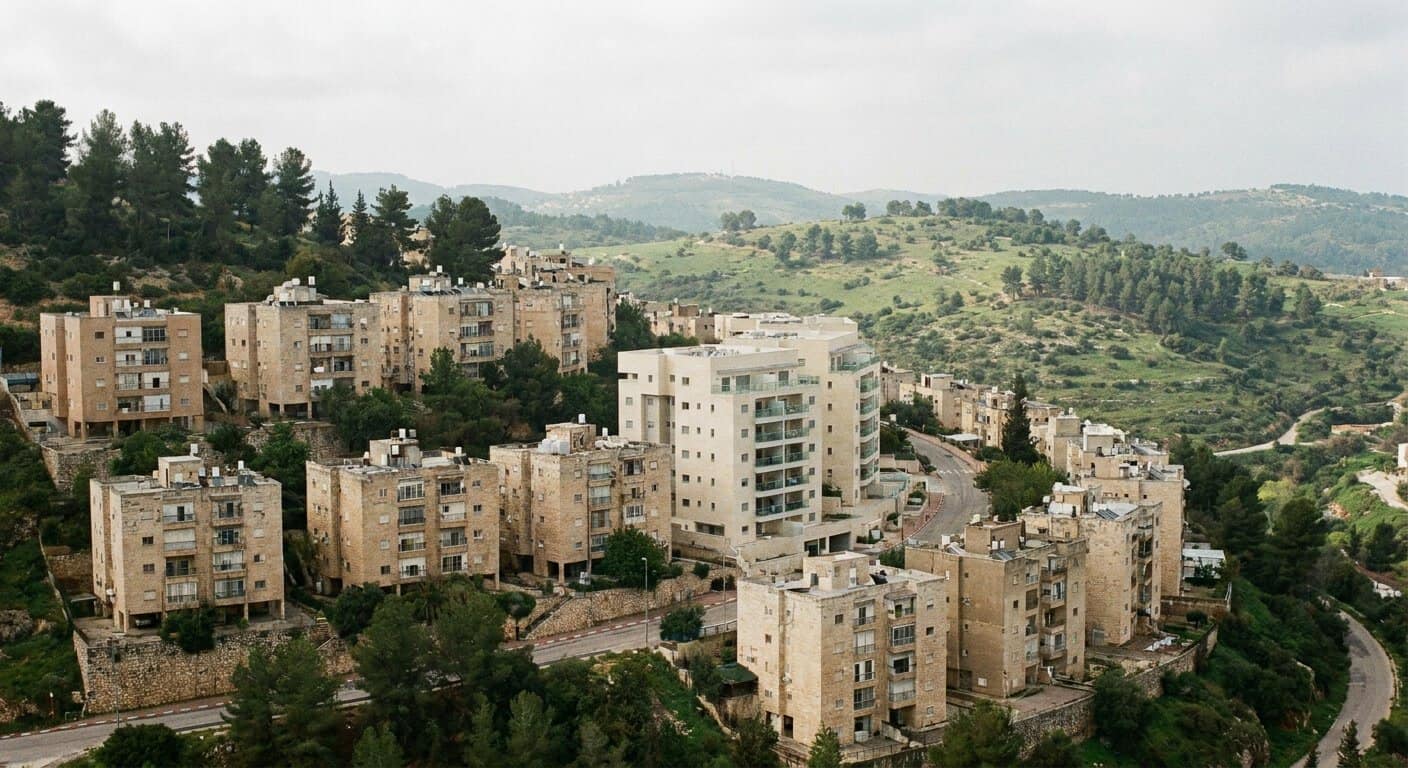 שכונת מגורים על צלע גבעה במעלות תרשיחא, בנייני מגורים בני כמה קומות ובניין חדש בהיר ביניהם, ברקע הרי הגליל
