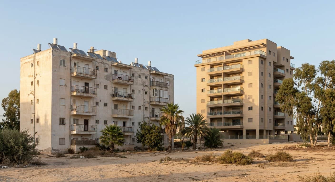שיכון מגורים ותיק ולצידו בניין מגורים חדש וגבוה יותר בעיר בנגב המערבי